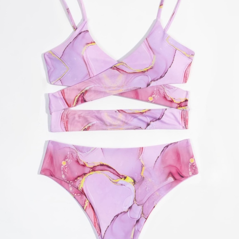 Boho Pink Marbled Cut out Cheeky High Waist Bikini Swim Beach - Picture 4 of 5